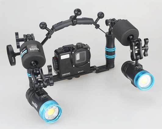 Close up of Weefine high-density buoyancy block on camera arm