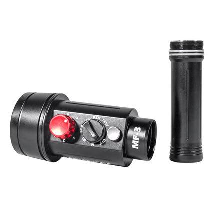 Macro-optimized design of the Backscatter Mini Flash 3 showing compact size on an underwater rig