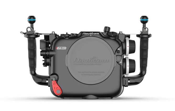 Side view of the Nauticam NA-C50 housing showing compact cinema layout