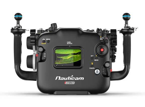 Top and handle view of Nauticam NA-C50 underwater housing with mounting balls and cheese plate