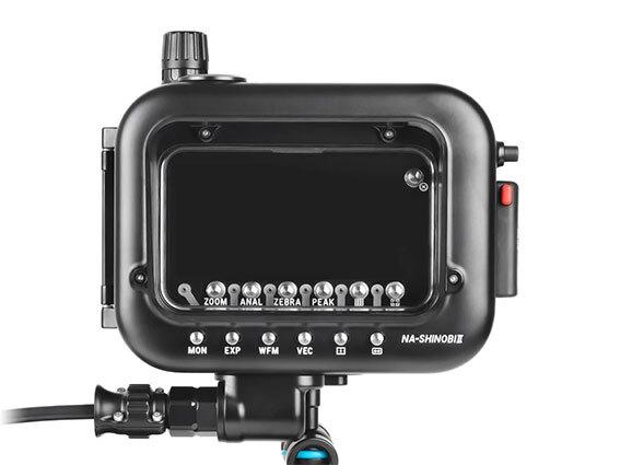 Front view of Nauticam NA-Shinobi II housing showing control buttons
