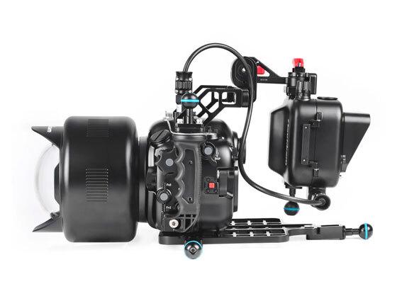 Back view of Nauticam NA-Shinobi II housing showing M16/M24 port accessories