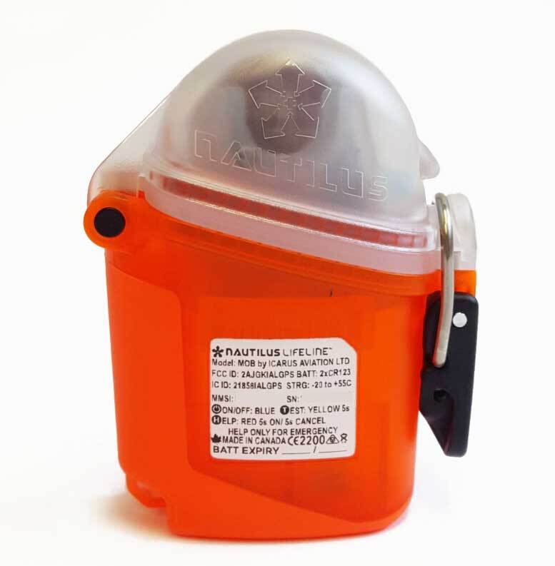 Beacon secured to a BCD, illustrating diver-tough depth rating and positive buoyancy