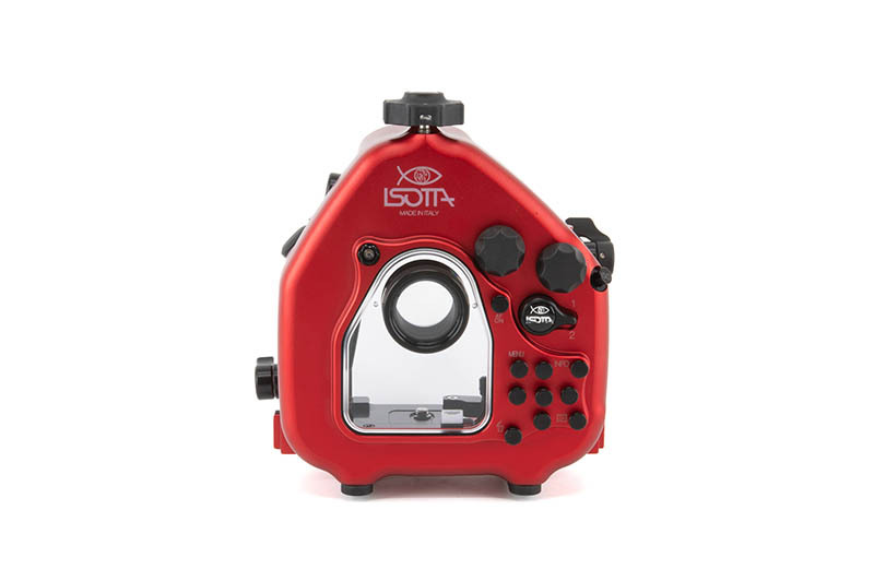 Close view of Isotta OM System OM-5 II underwater housing controls and engraved aluminum buttons