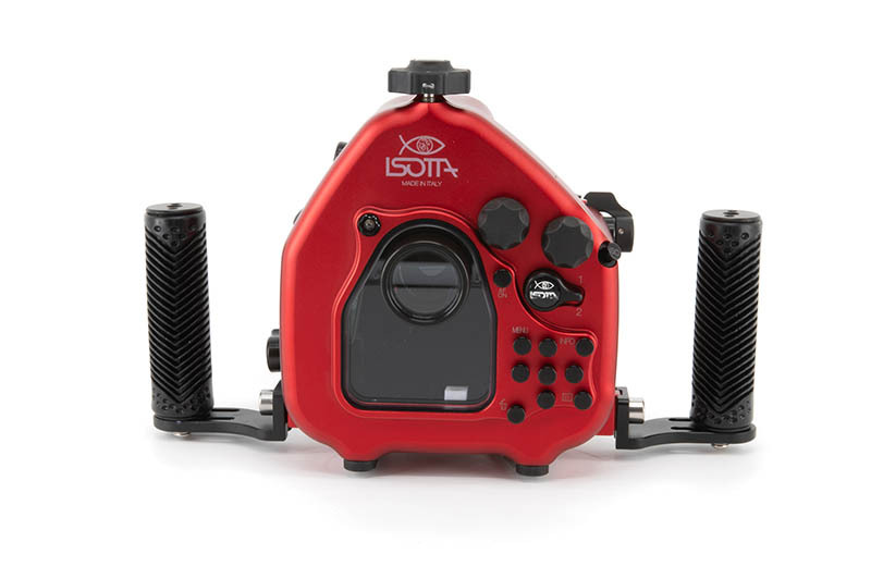 Rear view of Isotta OM System OM-5 II underwater housing with wide display window and closing knob