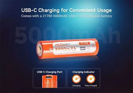 OrcaTorch Orca7 dive light with 21700 USB-C rechargeable battery and charging port detail