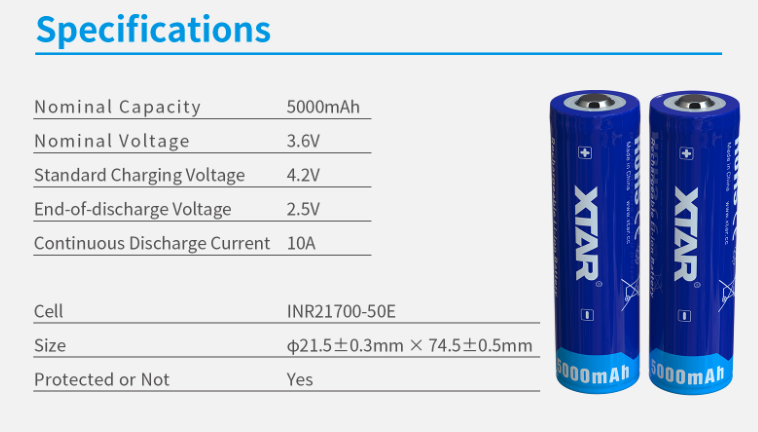 Xtar 21700 5000Mah rechargeable battery