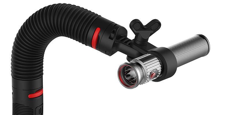 Sea Dragon Mini 1200 mounted on a tray with action camera