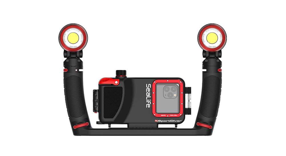 SeaLife SportDiver mounted on tray with handles for underwater video lights