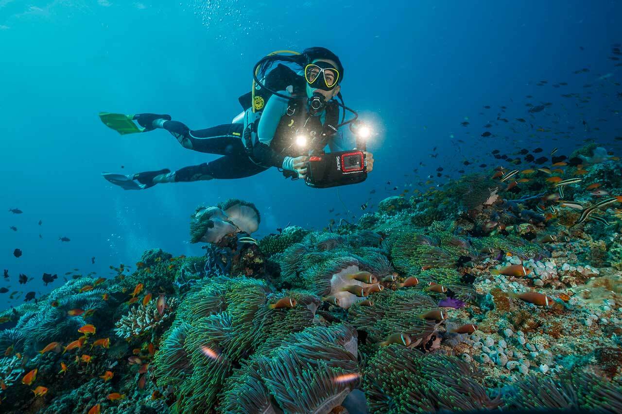 SeaLife SportDiver Ultra Duo 5000 Set underwater smartphone housing and dual-light package hero image