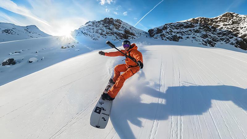 Snowboarding shot demonstrating horizon lock and smooth stabilization