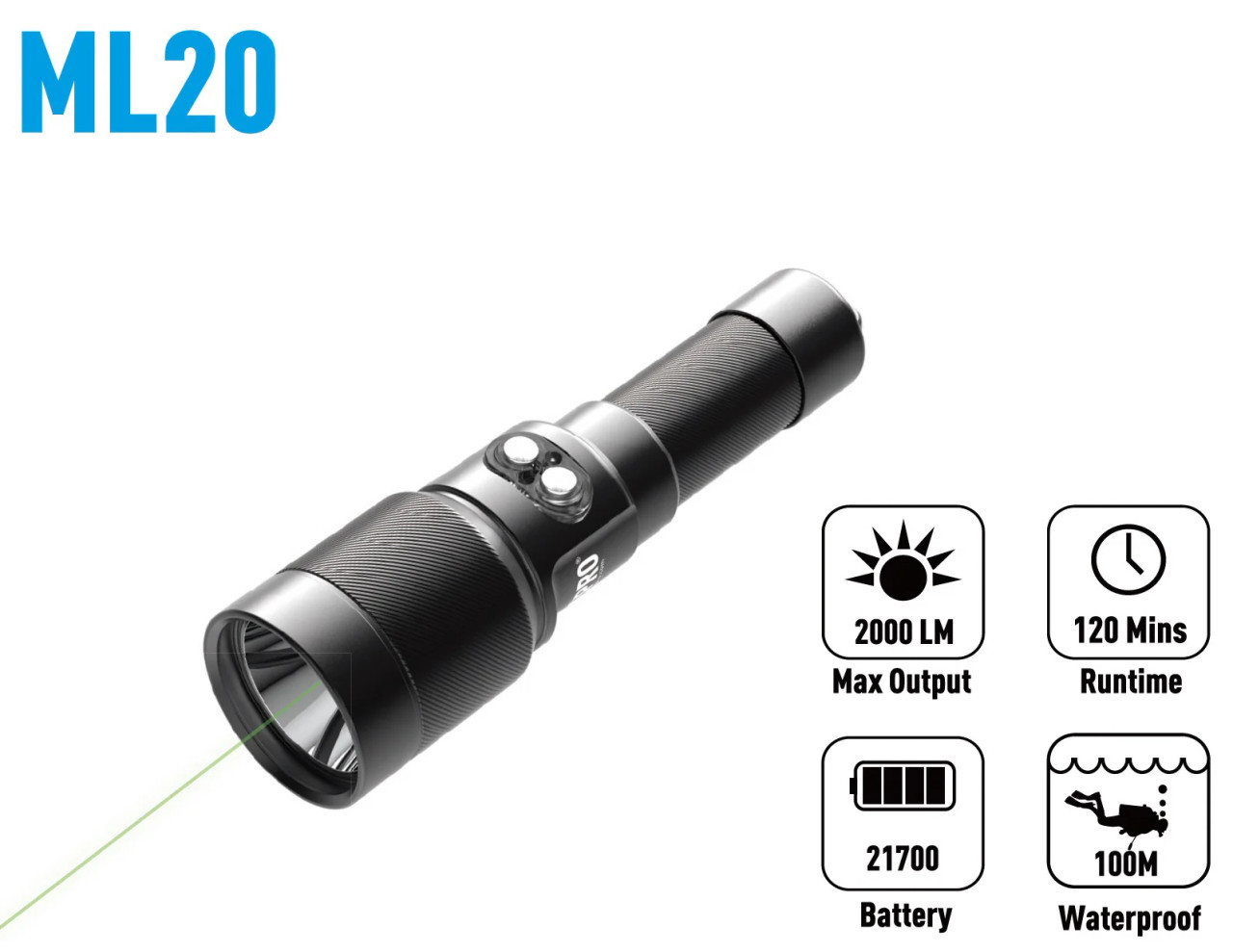 Divepro ML20 2000 Lumens 2-in-1 Spot + Green Laser Diving Torch