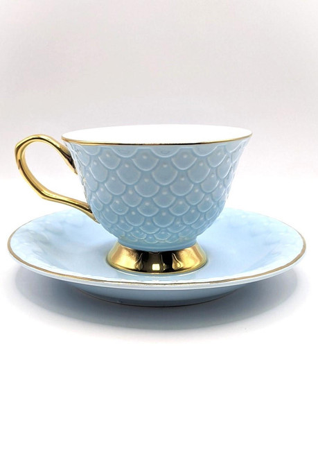 All Cute Little Things Pale Blue Scalloped Teacup w/ Gold Trim 