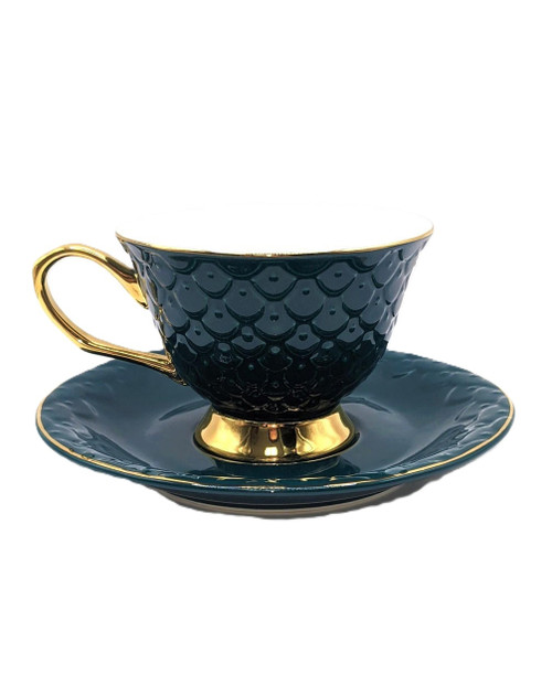 All Cute Little Things Dragon Scale Teal Scalloped Teacup w/ Gold Trim 