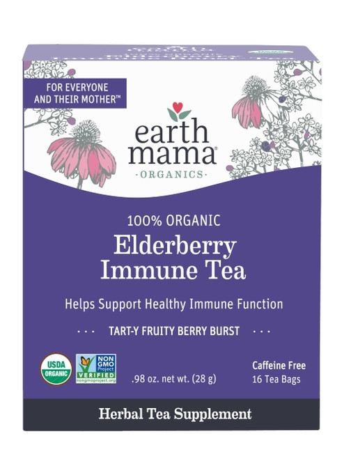 Earth Mama - Organic Elderberry Immune Tea – Herbal Immune Support Blend with Echinacea, Rooibos & Ginger - 16 Bags