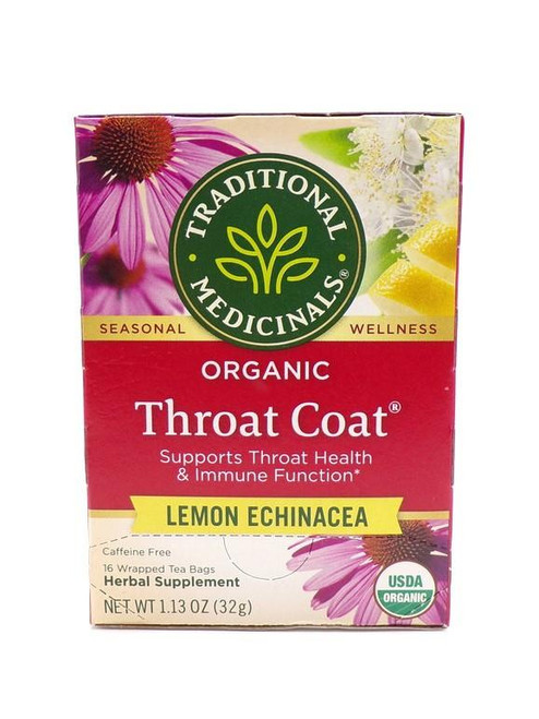 Traditional Medicinals – Organic Throat Coat - Lemon Echinacea – Soothing, Silky Citrus Comfort – 16 Bags
