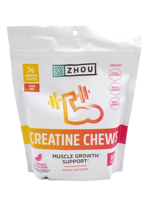 Zhou Nutrition – Creatine Chews – 5g Creatine Monohydrate + B‑12 Energy Support – Pink Lemonade – 60 Chews