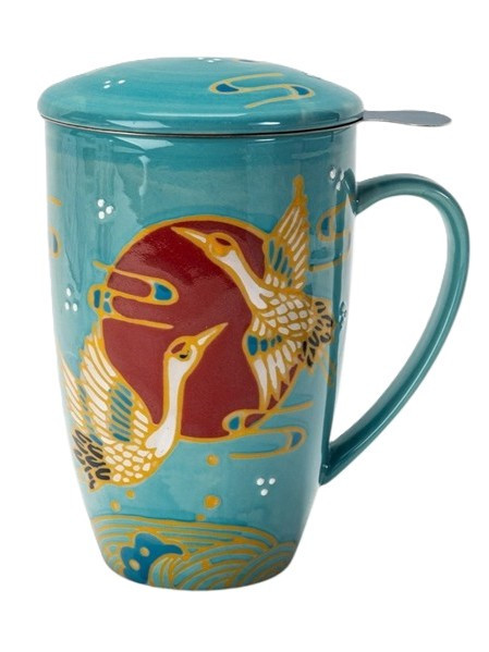 Urban Tokyo – Japanese Crane Design Tea Mug with Lid & Infuser – 15oz Porcelain Mug