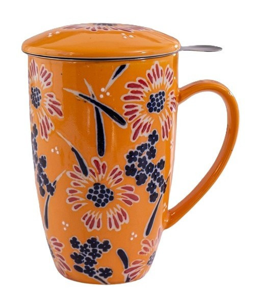 Urban Tokyo – Yellow Flower Design Tea Mug with Lid & Infuser – 15oz Porcelain Mug