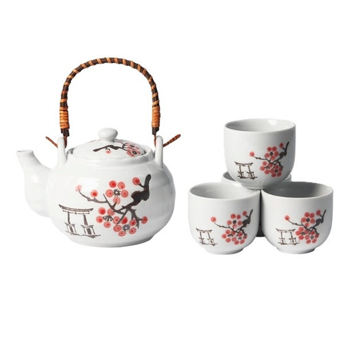 Urban Tokyo – Sakura w/ Torii Tea Set – 22oz Teapot + 4 Cups – Porcelain