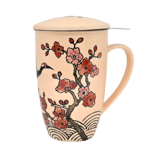 Urban Tokyo – Crane & Flower Design Tea Mug with Lid & Infuser – Porcelain – 15oz