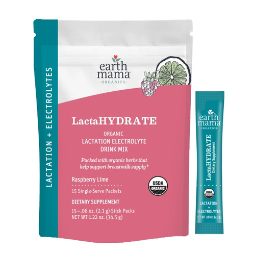 Earth Mama – LactaHYDRATE Organic Lactation Electrolyte Drink Mix – Raspberry Lime Hydration Blend – 15 Stick Packs