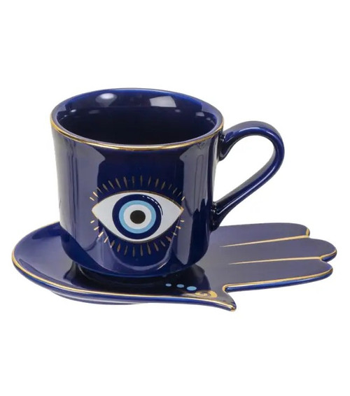 Urban Tokyo – Evil Eye Tea Cup with Saucer – Blue Porcelain Elegance – 7oz