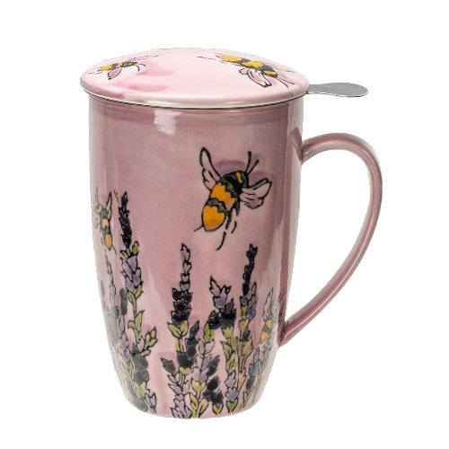 Urban Tokyo – Spring Honeybee Tea Mug with Lid & Stainless‑Steel Infuser – Porcelain Loose‑Leaf Brewing – 15oz