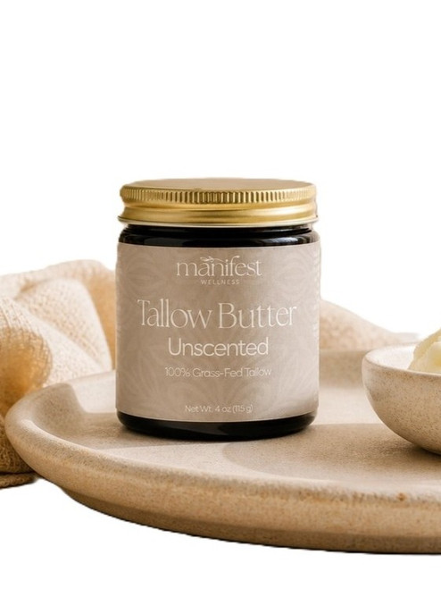 Manifest Wellness - Tallow Butter - Unscented for Sensitive Skin - 100% Grass-Fed Body Butter - 4oz