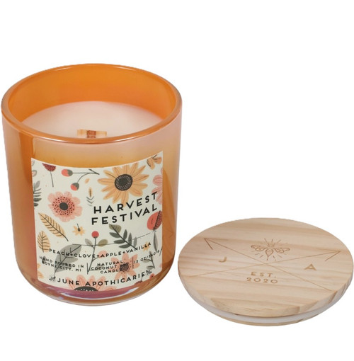 June Apothicarie - Harvest Festival - Wooden Wick Candle - Spiced Apple & Autumn Orchard Aroma - 12oz Glass Jar