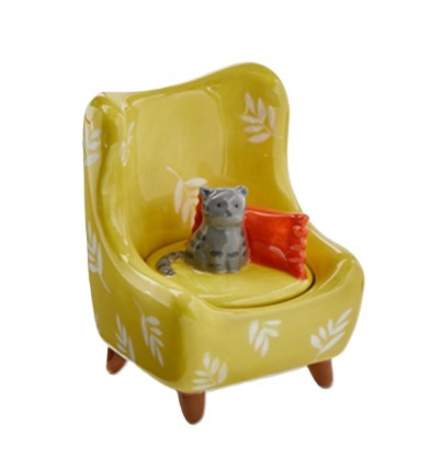 Tag - Gray Cat Chair Lidded Trinket Box - Earthenware Vanity Décor