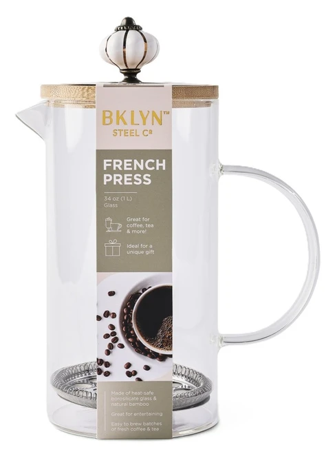 Core Home - BKLYN Steel Co. - Glass French Press Coffee Maker - Rich Flavor & Easy Brewing - 34oz / 1L