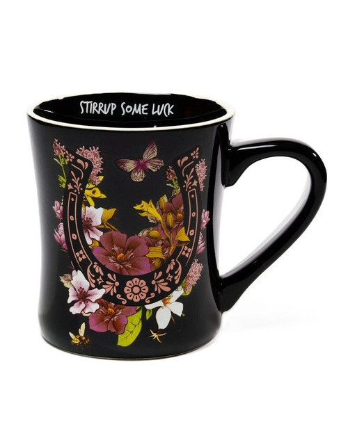 Blue Stallion Farm - Black Lucky Charm Horseshoe & Floral Bouquet Coffee Mug - Equestrian Charm & Everyday Sipping