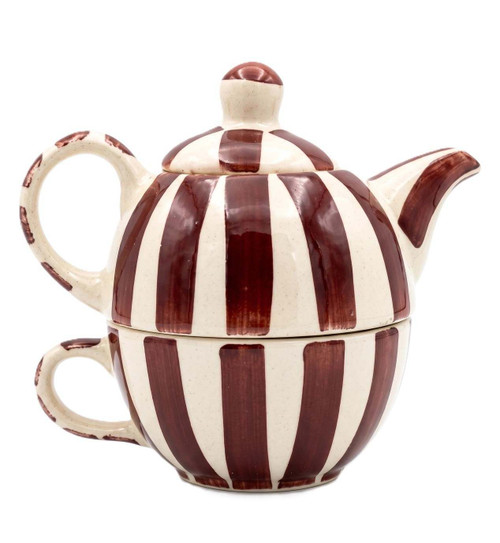 Casa Amarosa - Plum Striped Kettle & Cup Set - Hand painted Artisan Charm & Tea Time Elegance - 8in