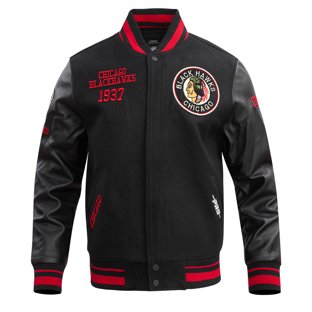 Chicago Blackhawks Retro Classic Wool FullZip Black Varsity Jacket by