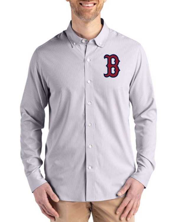 Boston Red Sox Elemental Grey/White Skyline Pinstripe Big & Tall Long Sleeve Button Down Dress Shirt by Cutter & Buck | Official MLB Boston Red Sox Elemental Grey/White Skyline Pinstripe Big & Tall Long Sleeve Button Down Dress Shirt by Cutter & Buck | Official MLB