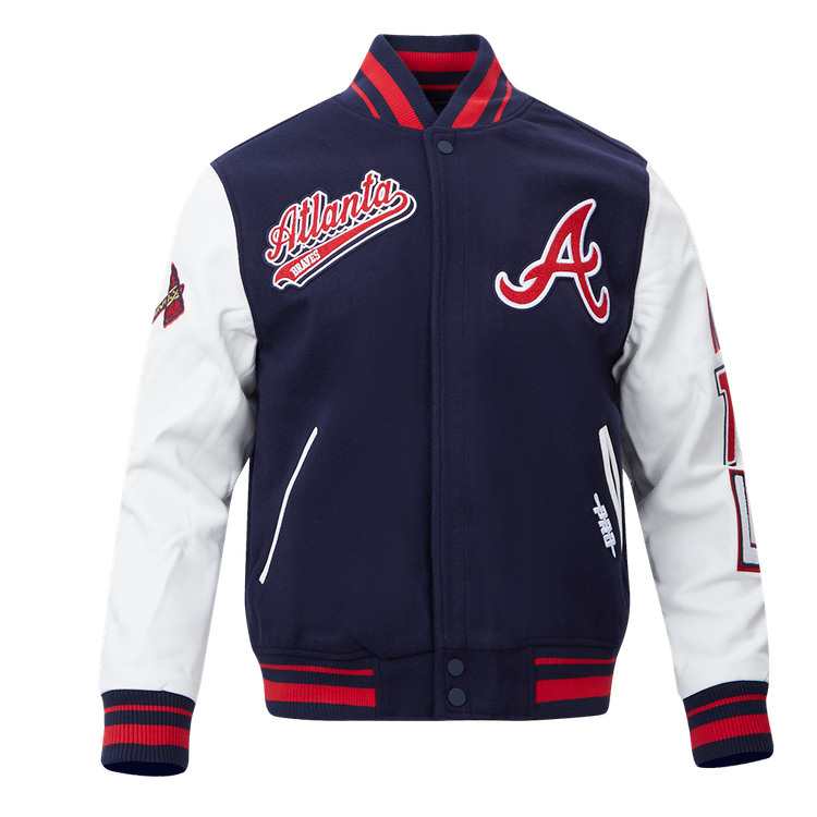 Atlanta Braves Midnight Navy and Red Script Tail Varsity Jacket by