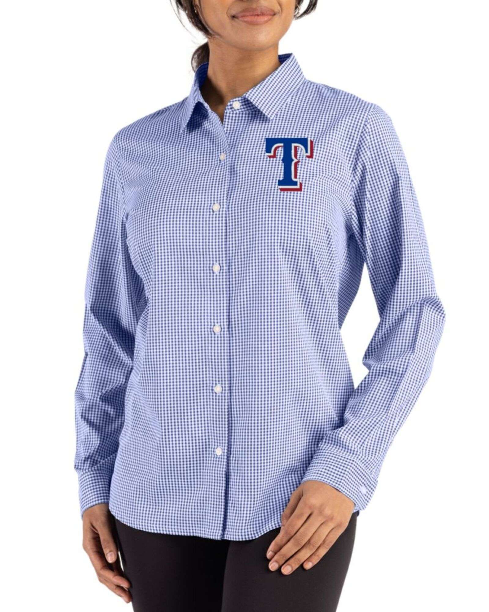 rangers dress shirt Texas Rangers Women's Tour Blue/White Skyline Gingham Long Sleeve Spread  Collar Dress Shirt by Cutter & Buck®