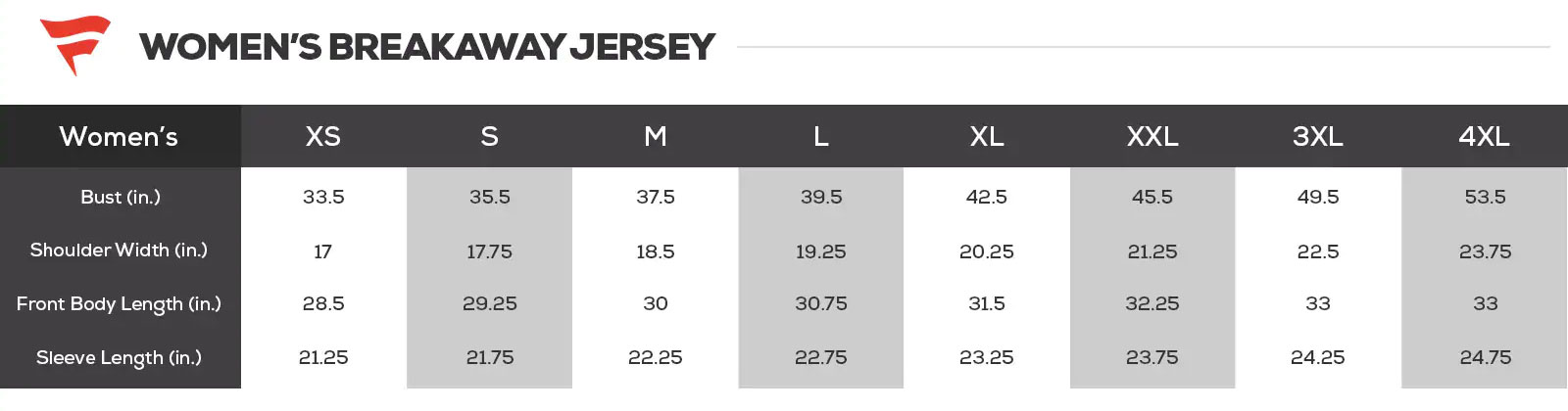 fanatics breakaway jersey size chart