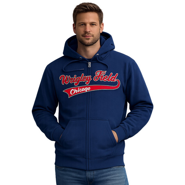 00's““Chicago“three lines“襤褸 sweat Wrigley Field Unisex Throwback Zip-Up Hoodie | Official Wrigley Gear