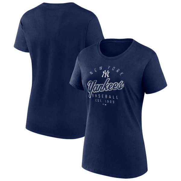 Women's White/Navy New York Yankees Plus Size Notch Neck T-Shirt