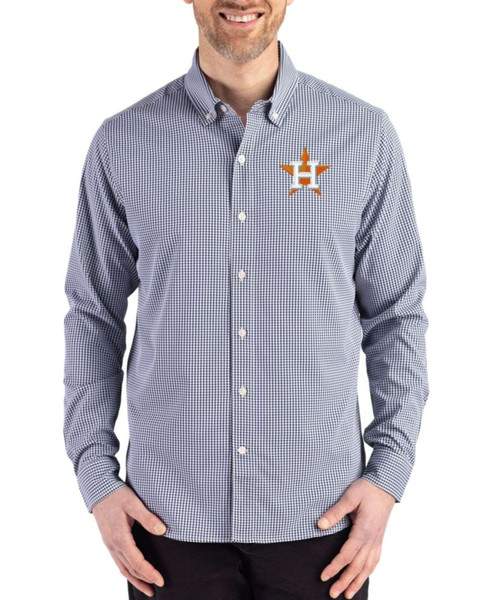 astros dress shirt Houston Astros Navy Blue/White Skyline Gingham Long Sleeve Button Down  Dress Shirt by Cutter & Buck®