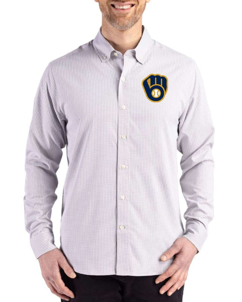 Milwaukee Brewers Concrete/White Skyline Gingham Long Sleeve Button Down Dress Shirt by Cutter & Buck | Official MLB Milwaukee Brewers Concrete/White Skyline Gingham Long Sleeve Button Down Dress Shirt by Cutter & Buck | Official MLB