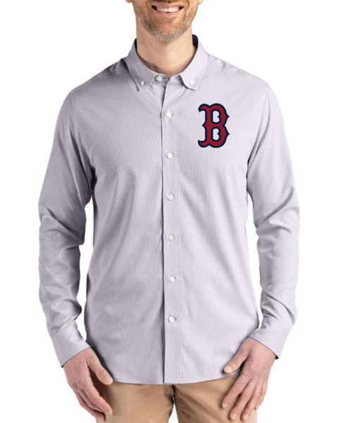 grey pinstripe dress shirt Cutter & Buck Skyline Epic Confidence Recycled Pinstripe Mens Big & Tall Long Sleeve Dress Shirt - Elemental Grey/White