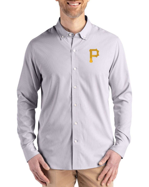 pittsburgh pirates dress shirt Pittsburgh Pirates Elemental Grey/White Skyline Pinstripe Big & Tall Long Sleeve Button Down Dress Shirt by Cutter & Buck