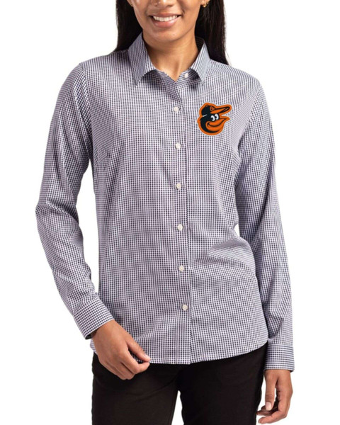 orioles dress shirt Baltimore Orioles Women's Black/White Skyline Gingham Long Sleeve Spread  Collar Dress Shirt by Cutter & Buck®