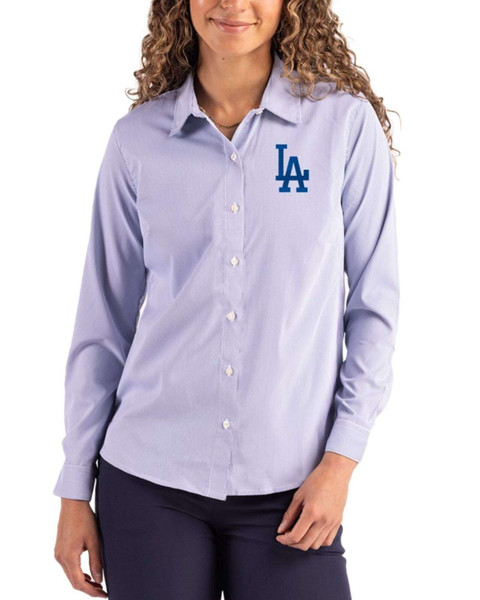 dodgers dress shirt Los Angeles Dodgers Women's Tour Blue/White Skyline Pinstripe Long Sleeve  Spread Collar Dress Shirt by Cutter & Buck®