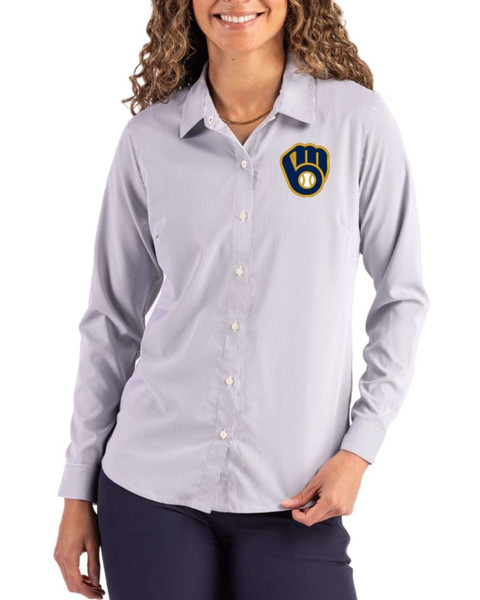 Milwaukee Brewers Women's Elemental Grey/White Skyline Pinstripe Long  Sleeve Spread Collar Dress Shirt by Cutter & Buck