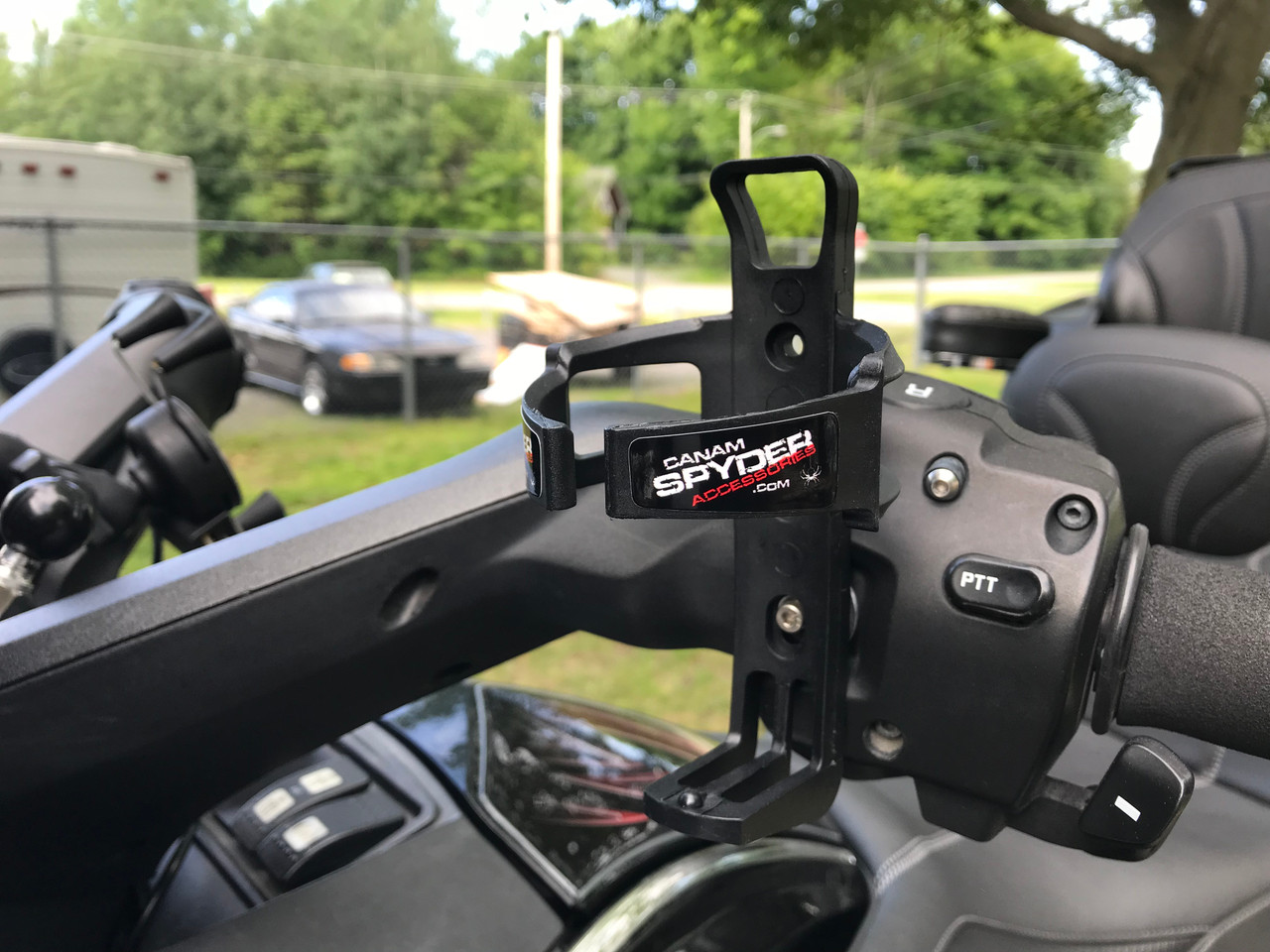 2 Cup Holders for Can-Am Spyder – 1 Spyder2Go Handlebar Mount & 1 Clamp Style Rear Handgrip Spyder Motorcycle Drink Holder – Flexes to Fit Cup Sizes