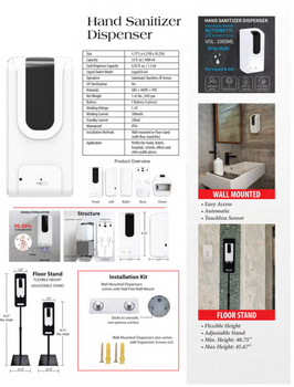 UV Light Open Fill Automatic Soap/Sanitizer Dispensers and Adjustable Stands33oz Dispenser and Stand for Liquid or Gel